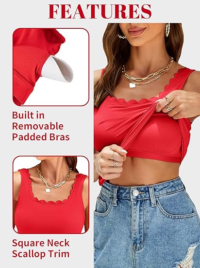 Charmo Womens Scalloped Square Neck Tank Tops Wider Straps Ribbed Undershirts Built-in Bras