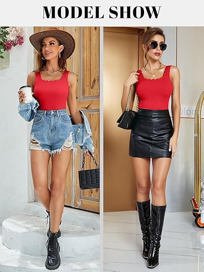 Charmo Womens Scalloped Square Neck Tank Tops Wider Straps Ribbed Undershirts Built-in Bras