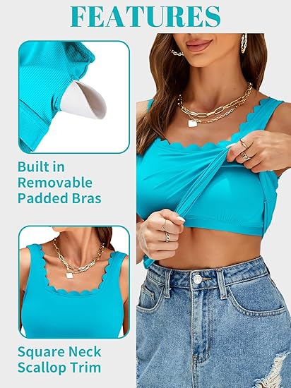 Charmo Womens Scalloped Square Neck Tank Tops Wider Straps Ribbed Undershirts Built-in Bras