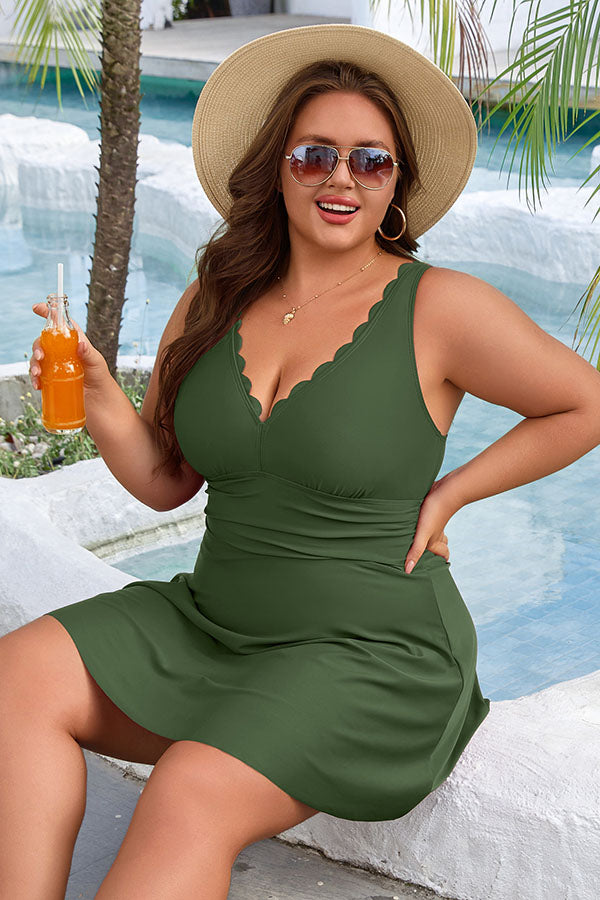 Asoul Women's Tummy Control Swimdress V Neck Scalloped Plus Size Swimdress