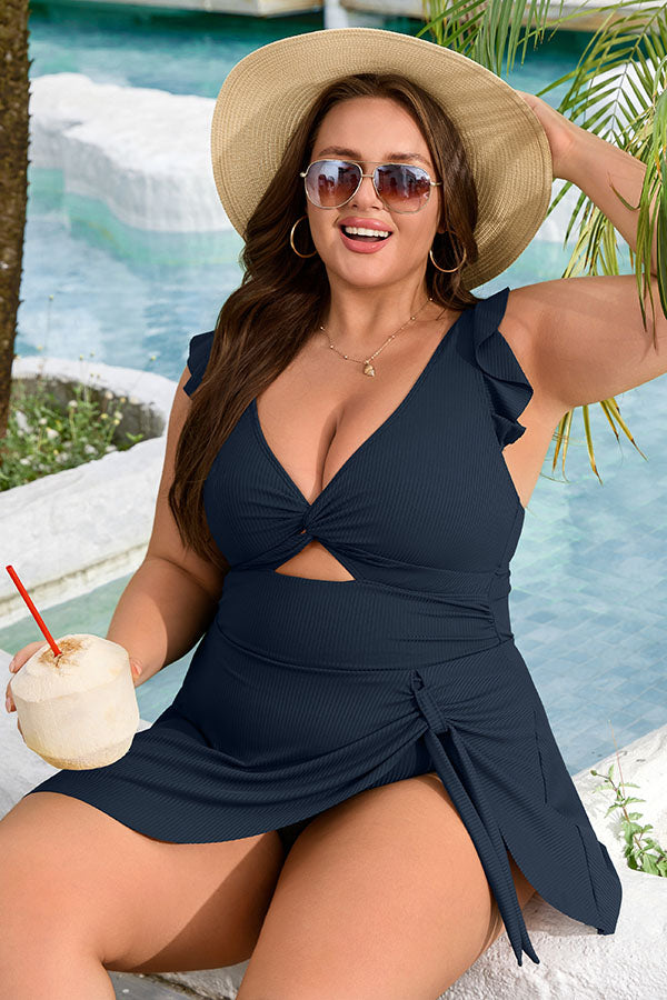 Plus Size V Neck Cut Out Tie Side Ruffle Swimdress