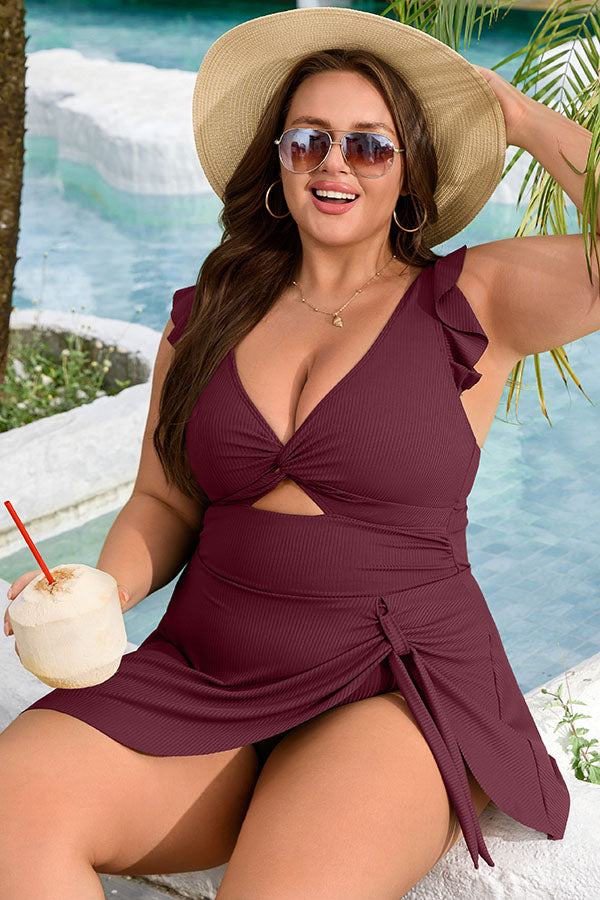Plus Size V Neck Cut Out Tie Side Ruffle Swimdress