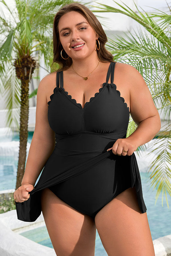 V Neck Tie Side Scalloped Tummy Control Plus Size Swimdress
