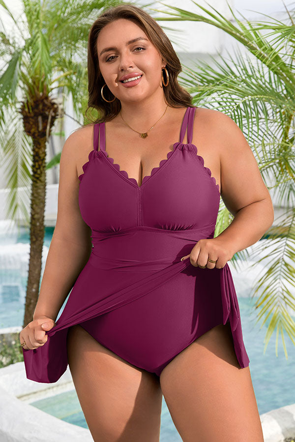V Neck Tie Side Scalloped Tummy Control Plus Size Swimdress