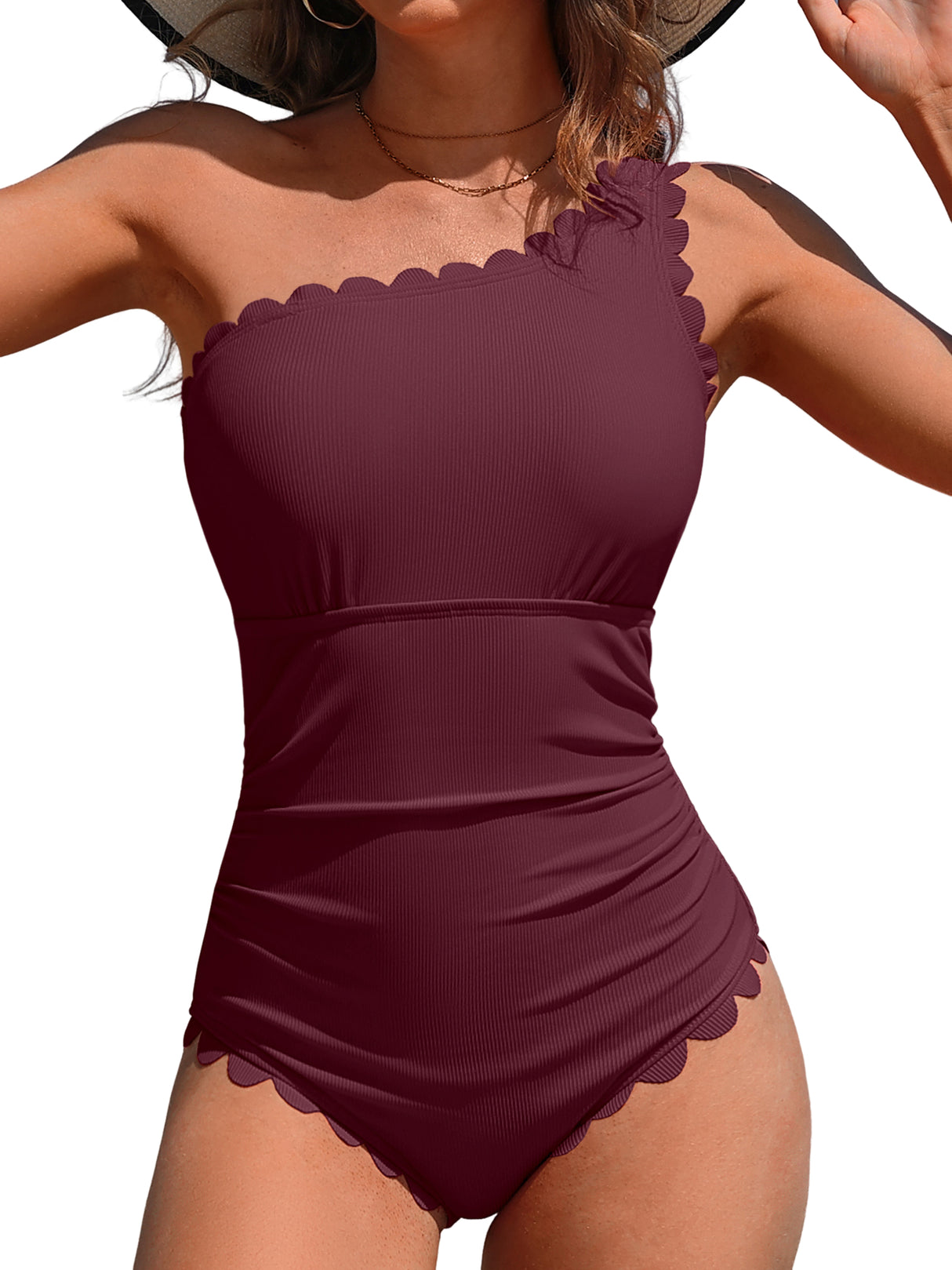 Asoul Ribbed One Piece Swimsuit for Women One Shoulder Scalloped Bathing Suits Tummy Control Swim Suit Monokini Swimwear