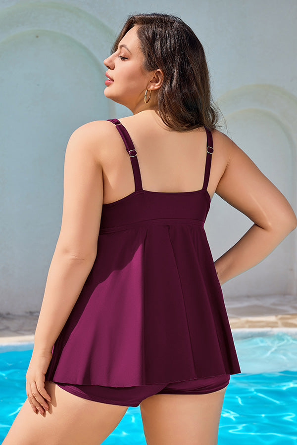 Women Plus Size Tankini Swimsuit Scallop Trim Flowy Two Piece Bathing Suits Tummy Control Swimsuit with Shorts