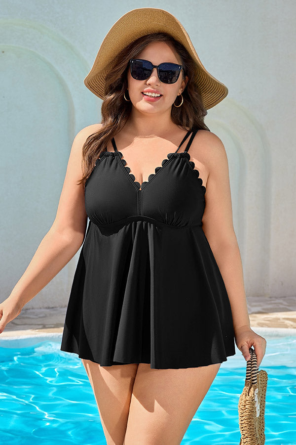 Women Plus Size Tankini Swimsuit Scallop Trim Flowy Two Piece Bathing Suits Tummy Control Swimsuit with Shorts