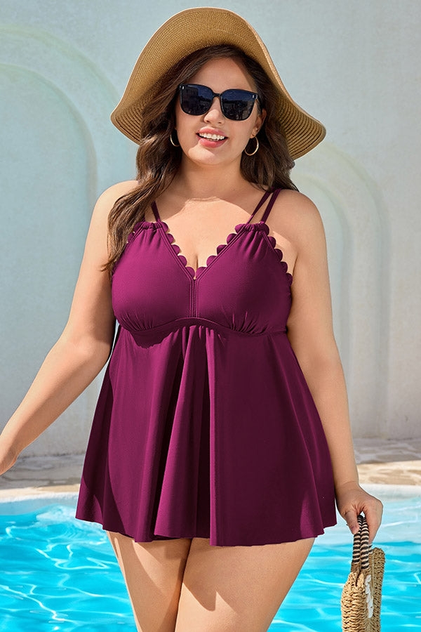 Women Plus Size Tankini Swimsuit Scallop Trim Flowy Two Piece Bathing Suits Tummy Control Swimsuit with Shorts