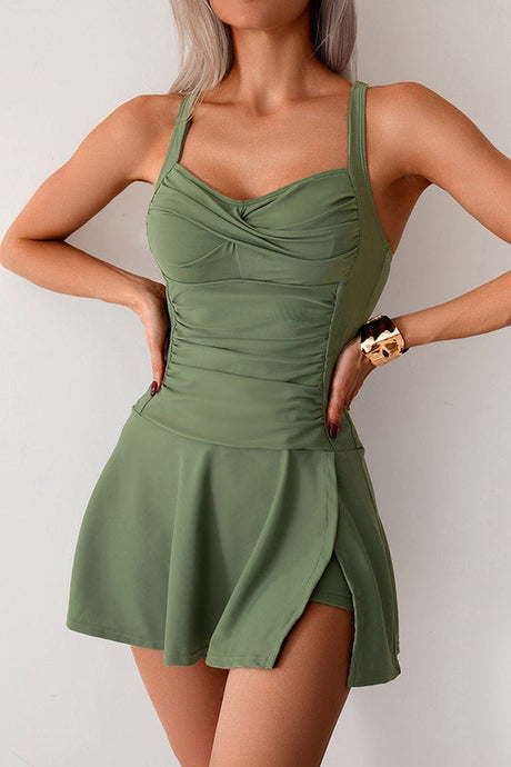 Clearance | Square Neck Crisscross Side Split Ruched Tummy Control Swimdress Built-in Briefs