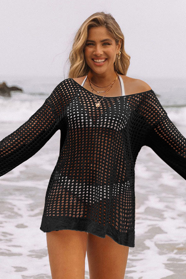 Hollow Out Split Hem Drop Shoulder Black Cover Up