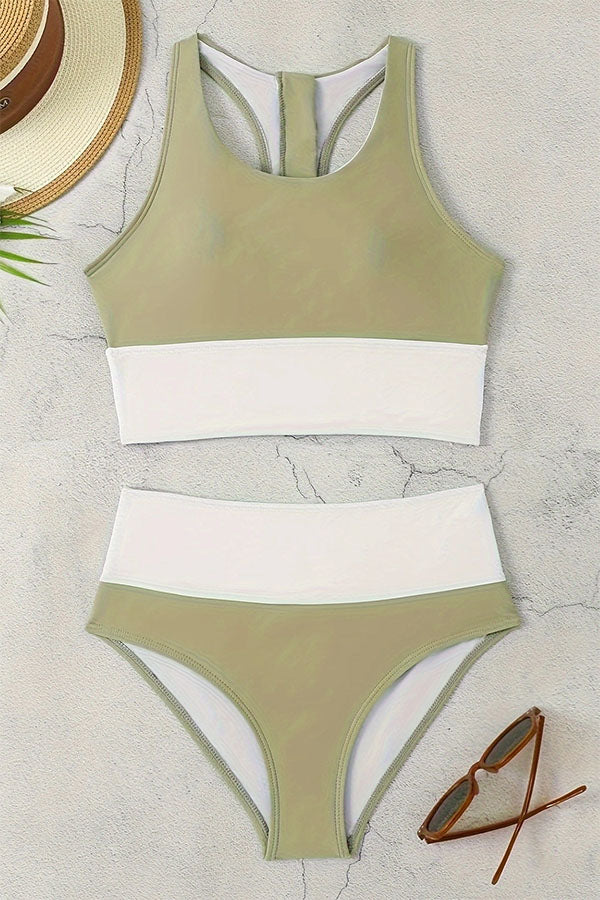 Clearance | U Neck High Waisted Racerback Zipper Modest Bikini Suits