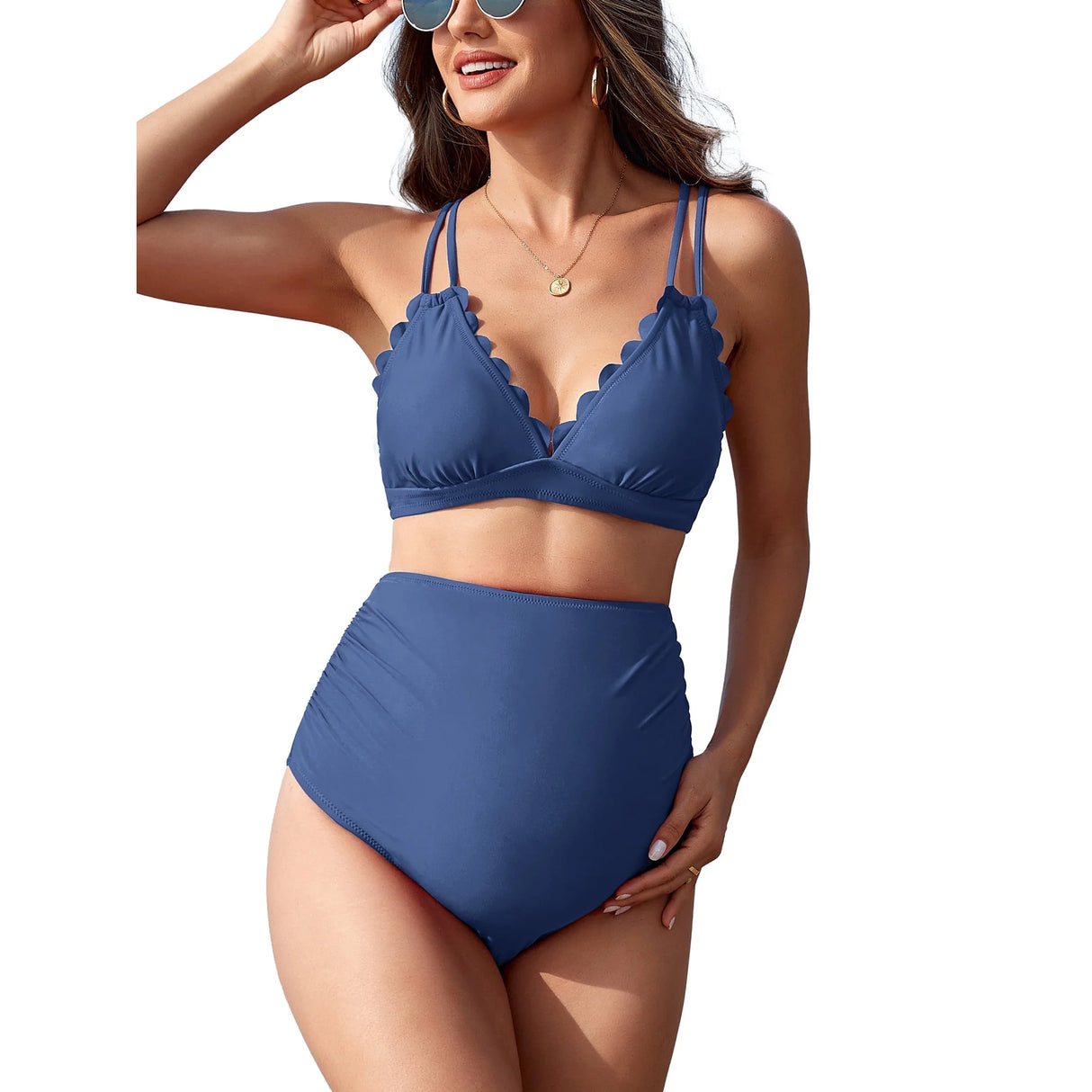 Sociala Women's Double Straps Maternity Bikini Set Two Piece Scalloped Bathing Suit Swimsuit