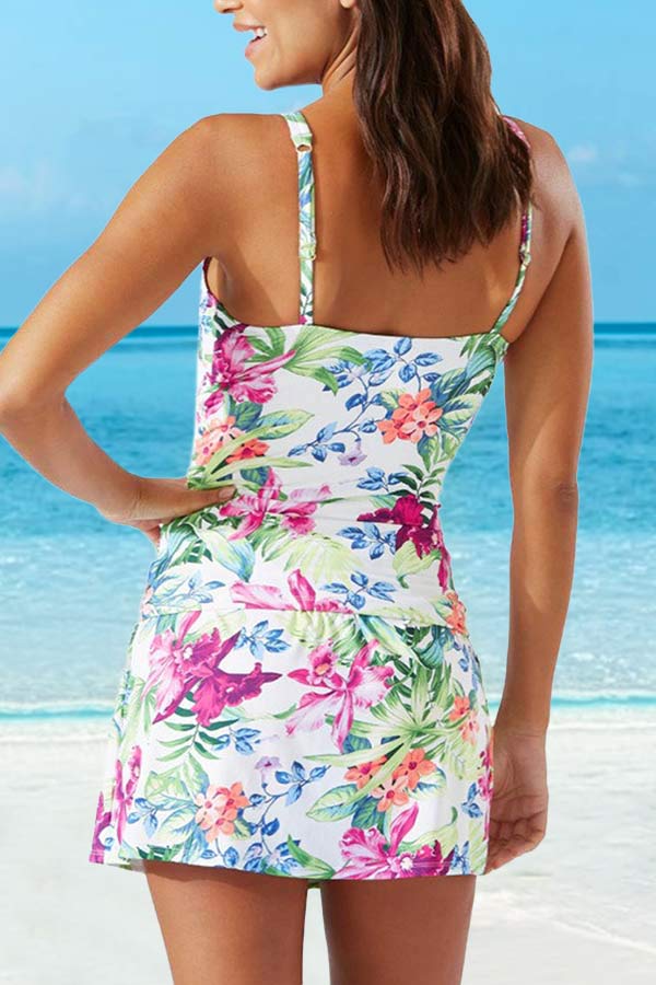 Clearance | Leaves Pattern Neck Adjustable Strap Swimdress
