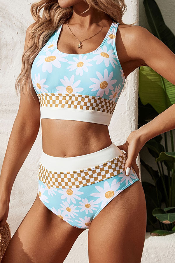 Clearance | U Neck Racerback Zipper High Waisted Modest Floral Print Bikini Suits