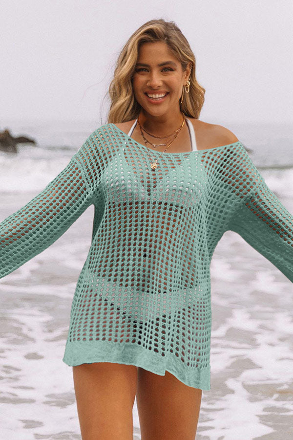 Hollow Out Split Hem Drop Shoulder Green Cover Up