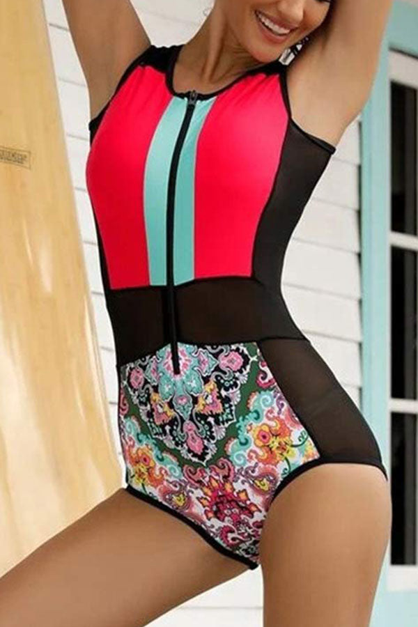 Sleeveless Graphic & Colorblock Zip-Up One Piece Swimsuit