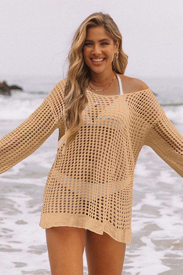 Hollow Out Split Hem Drop Shoulder Camel Cover Up