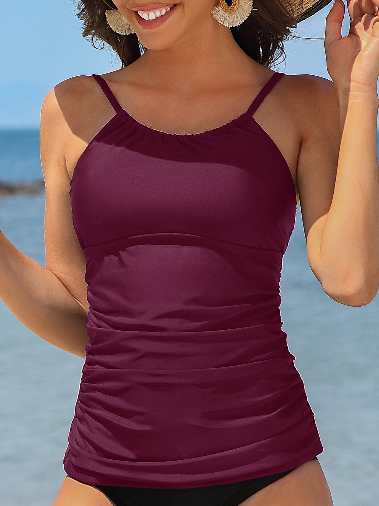 Charmo Women's High Neck Tankini Tops Built-in Bra Only Tummy Control Swimsuit Tops Ruched Swim Tops Without Bottoms