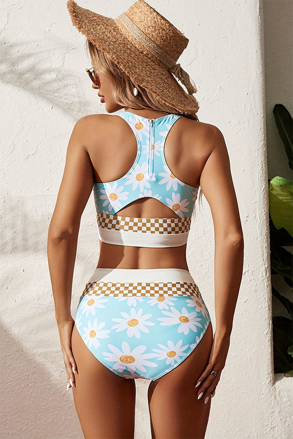 Clearance | U Neck Racerback Zipper High Waisted Modest Floral Print Bikini Suits