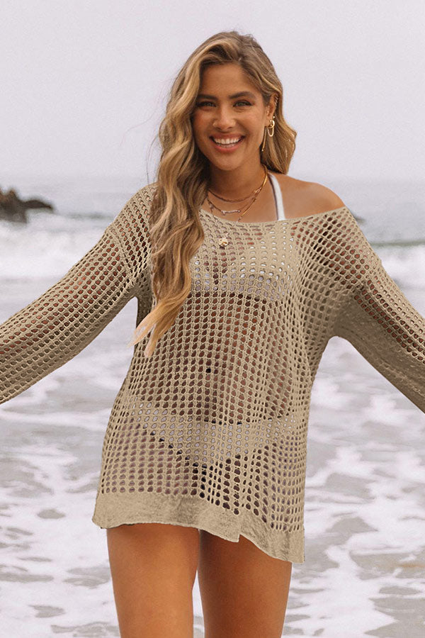 Hollow Out Split Hem Drop Shoulder Khaki Cover Up
