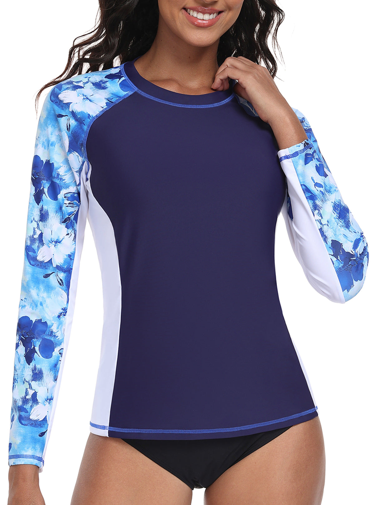 Charmo UPF 50+Swim Tops for Womens Long Sleeve Rashguard Printed Swim Shirts