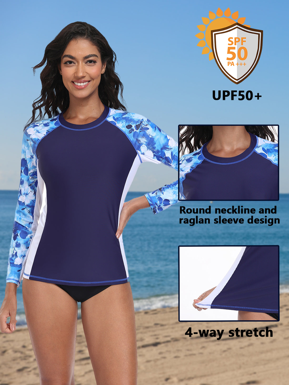 Charmo UPF 50+Swim Tops for Womens Long Sleeve Rashguard Printed Swim Shirts