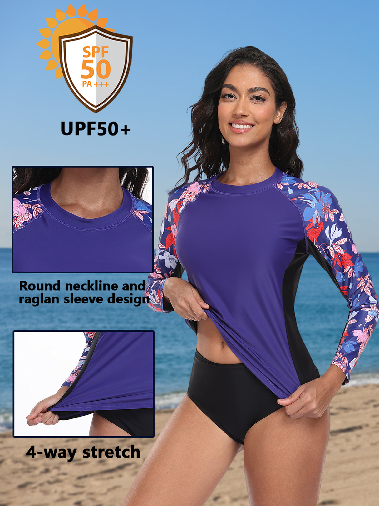 Charmo Womens UPF 50+ Long Sleeve Swimsuit Tops Sun Protection Rashguard Hiking Runing Swim Shirts(No Thumb Holes)