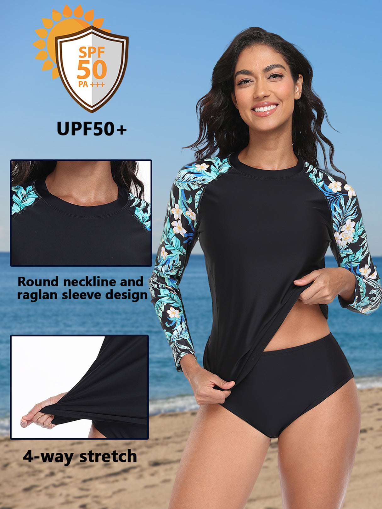 Charmo UPF 50+Swim Tops for Womens Long Sleeve Rashguard Printed Swim Shirts