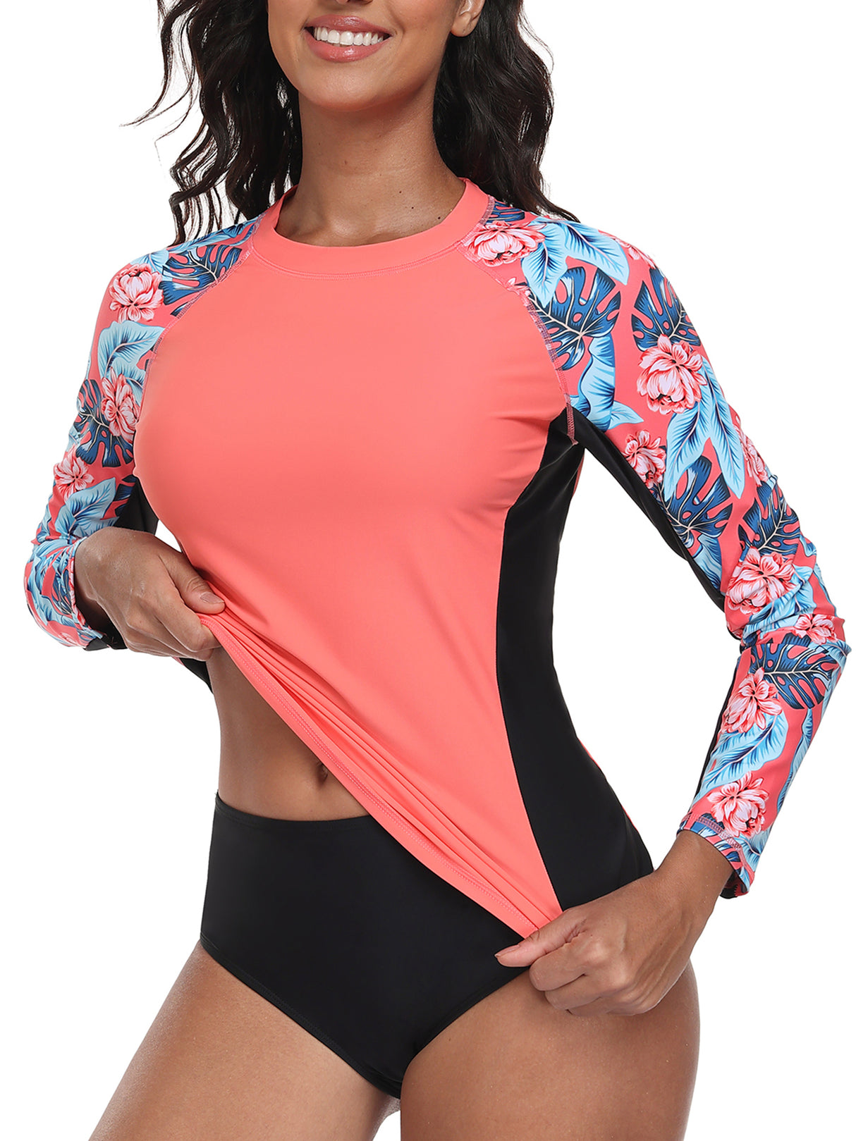 Charmo UPF 50+Swim Tops for Womens Long Sleeve Rashguard Printed Swim Shirts