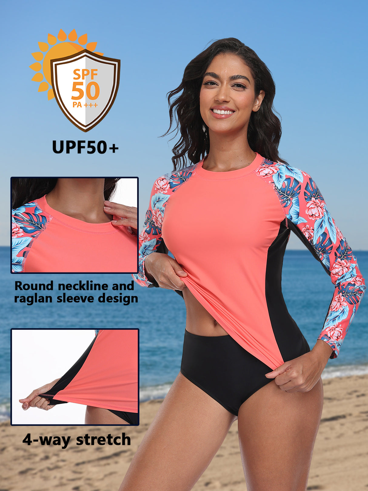 Charmo UPF 50+Swim Tops for Womens Long Sleeve Rashguard Printed Swim Shirts