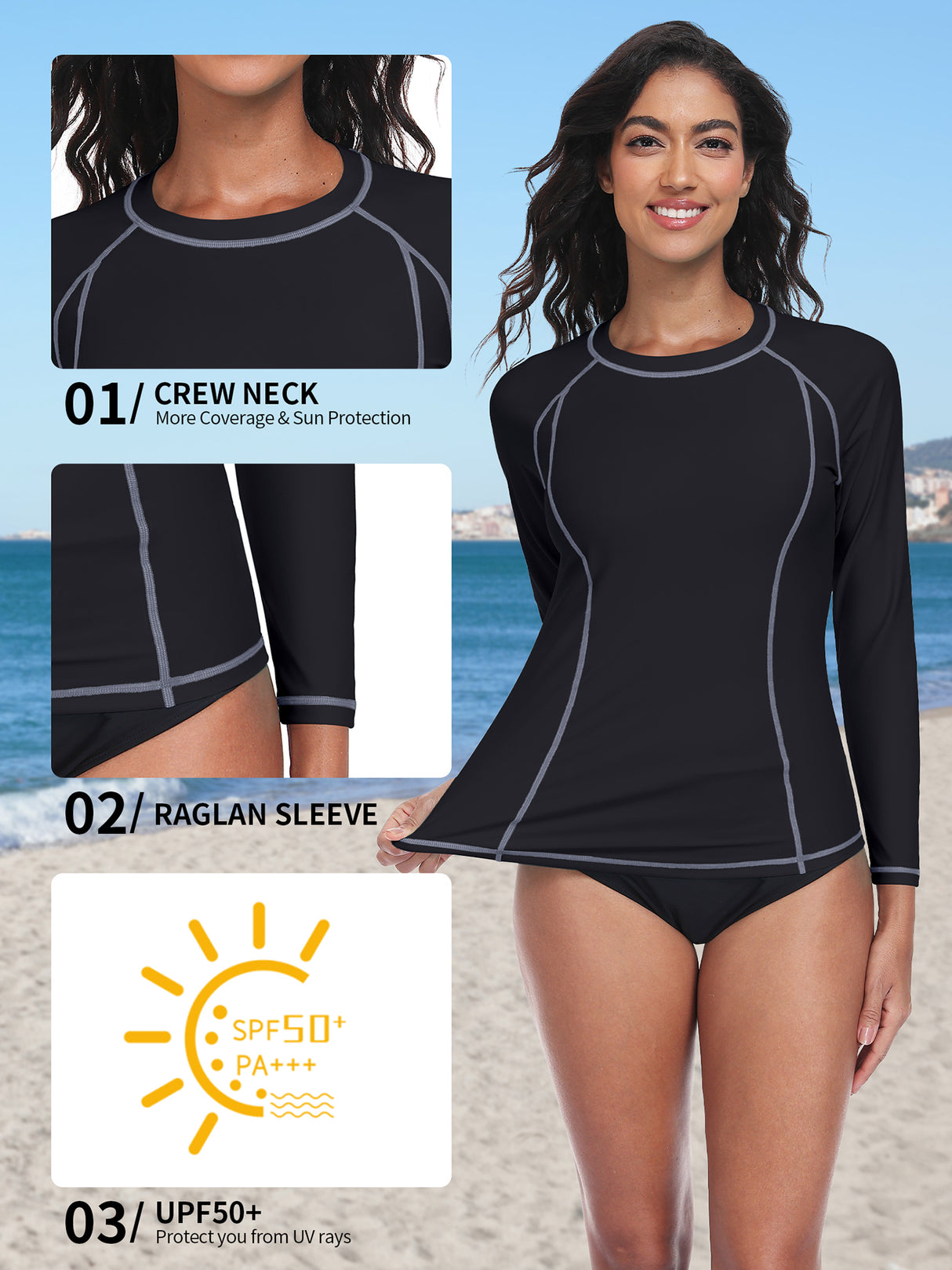 Charmo Women's Long Sleeve Swimsuit Tops Sun Protection UPF 50+ Rash Guards Hiking Runing Athletic Swim Shirts