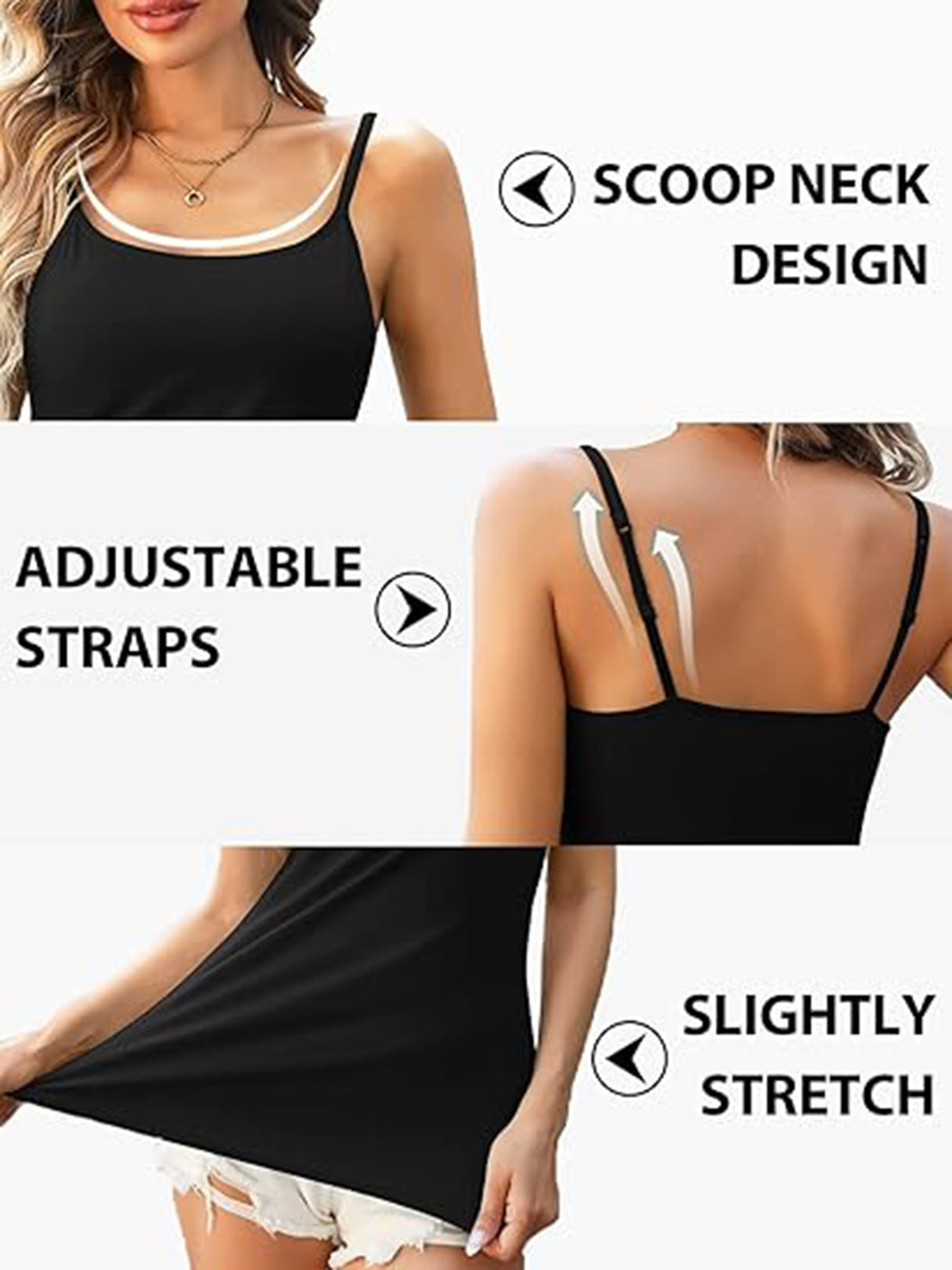 Charmo Womens 3-packs Cotton Scoop Neck Tank Tops Adjustable Spaghetti Strap Undershirts with Shelf Bra