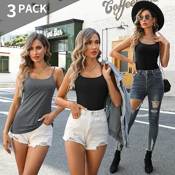 Charmo Womens 3-packs Cotton Scoop Neck Tank Tops Adjustable Spaghetti Strap Undershirts with Shelf Bra