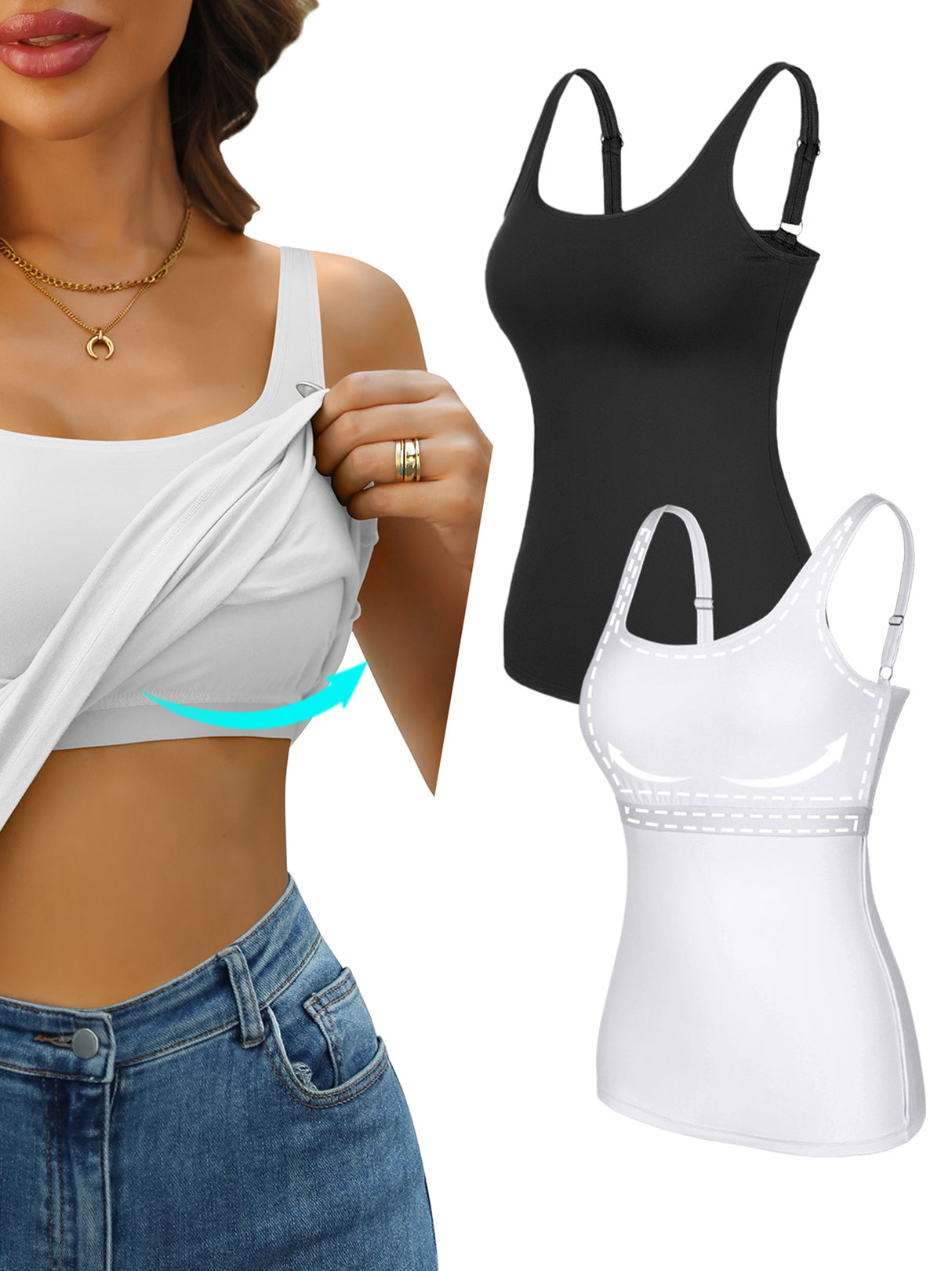 Sociala Women's Cotton Tank Tops with Built-in Shelf Bra Adjustable Wide Strap Camisoles Basic Cami Shirts, 2-Pack