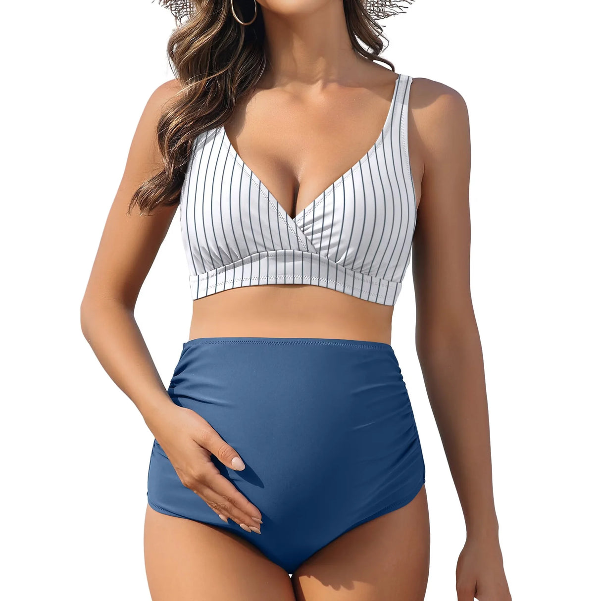 Sociala Womens Two Piece Maternity Swimsuit V Neck Bikini Sets Ruched Bathing Suits