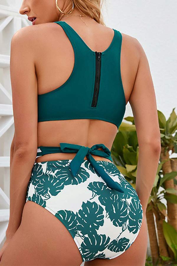 Tropical Print Back Zipper Lace Up Cut Out One Piece Swimsuit