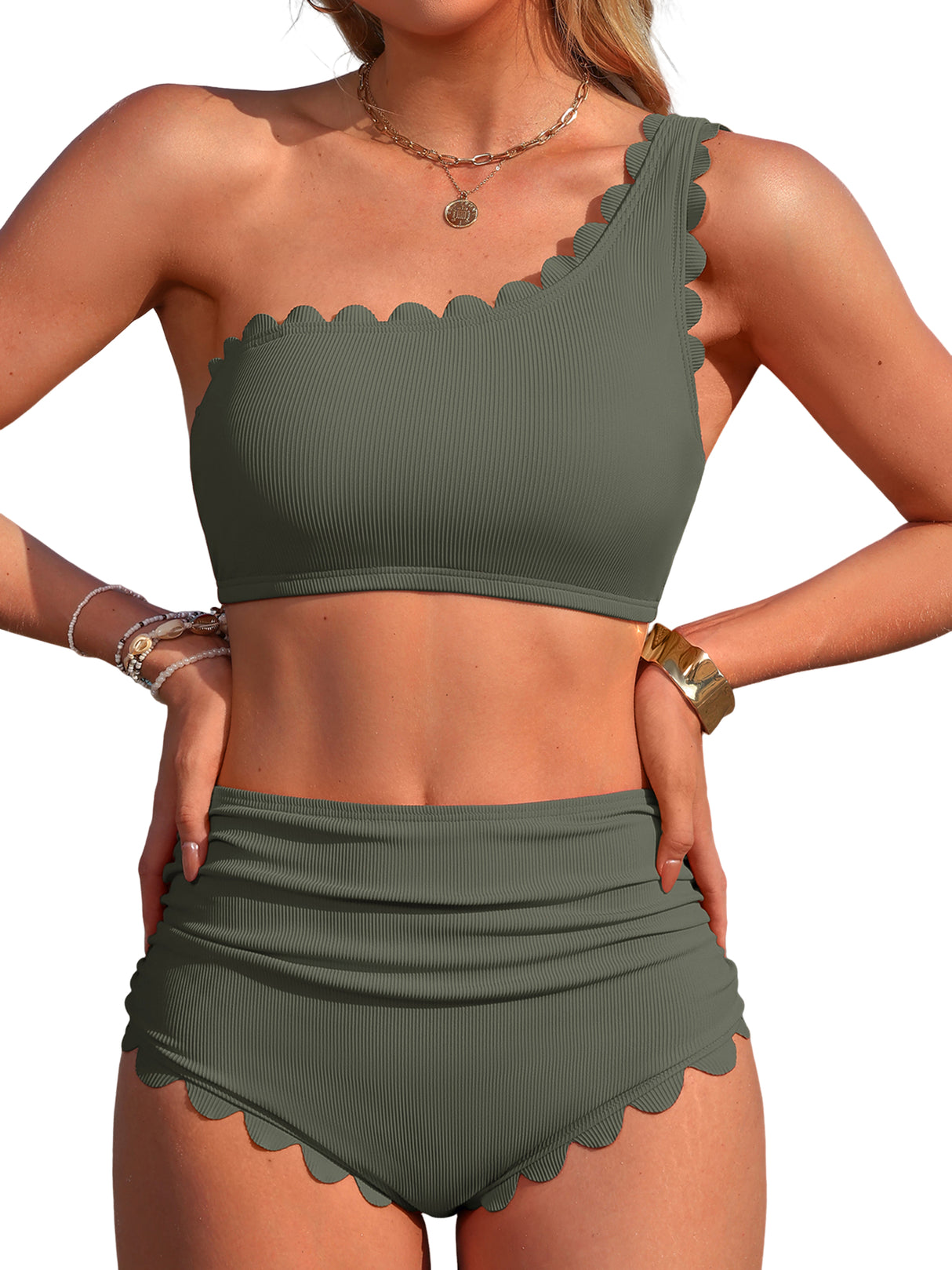 Sociala Women's One Shoulder Scallop Ribbed Bikini Sets Color Block Swimsuits High Waisted Bathing Suits