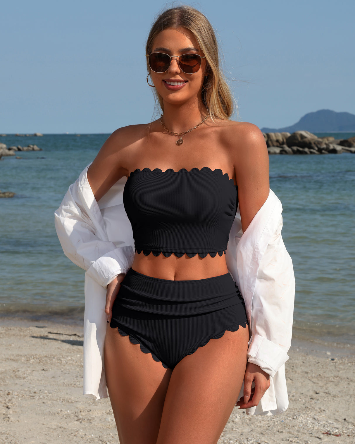 Charmo Women High Waisted Bikini Sets Tummy Control Swimsuit Scallop Bandeau Bathing Suits