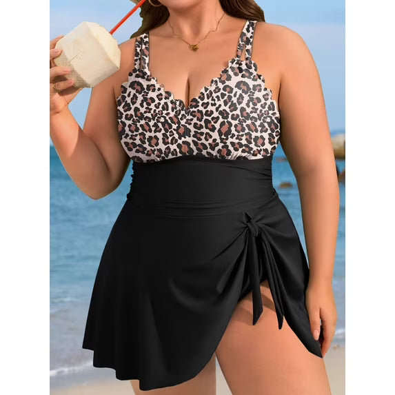 Asoul Womens Plus Size Scalloped V Neck One Piece Swimsuits Side Tie Knot Swimdress Bathing Suits
