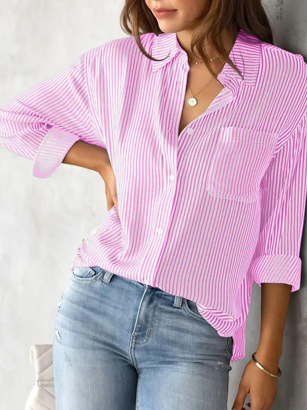 Charmo Women's Striped Button Down Blouses Casual Long Sleeve Shirts with Pocket