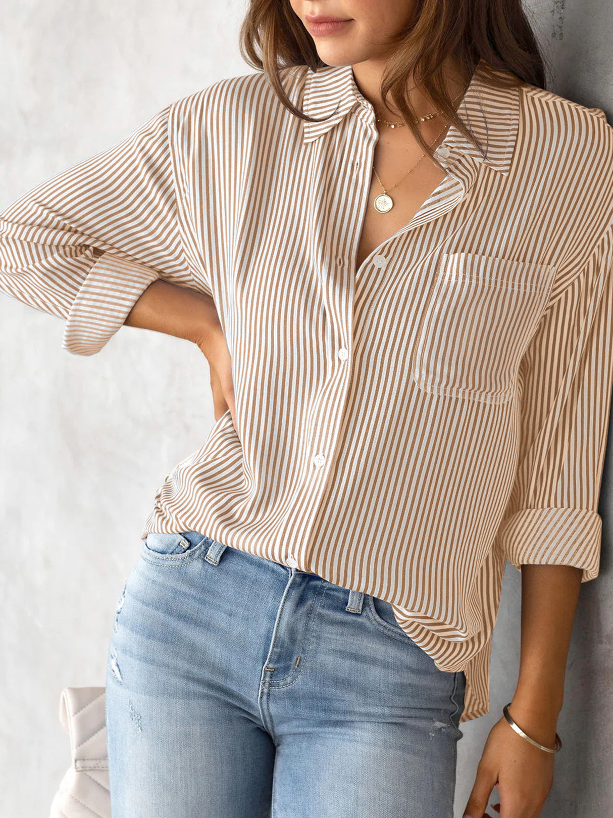 Charmo Striped Button Down Blouses Shirts for Womens Dress Shirts Long Sleeve Collared Blouses Work Business Casual Tops