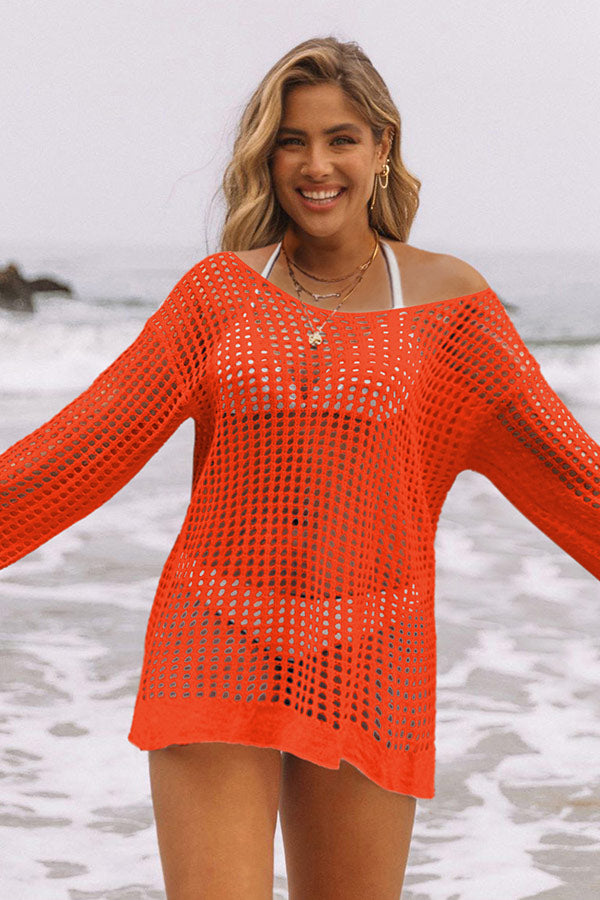 Hollow Out Split Hem Drop Shoulder Red Cover Up