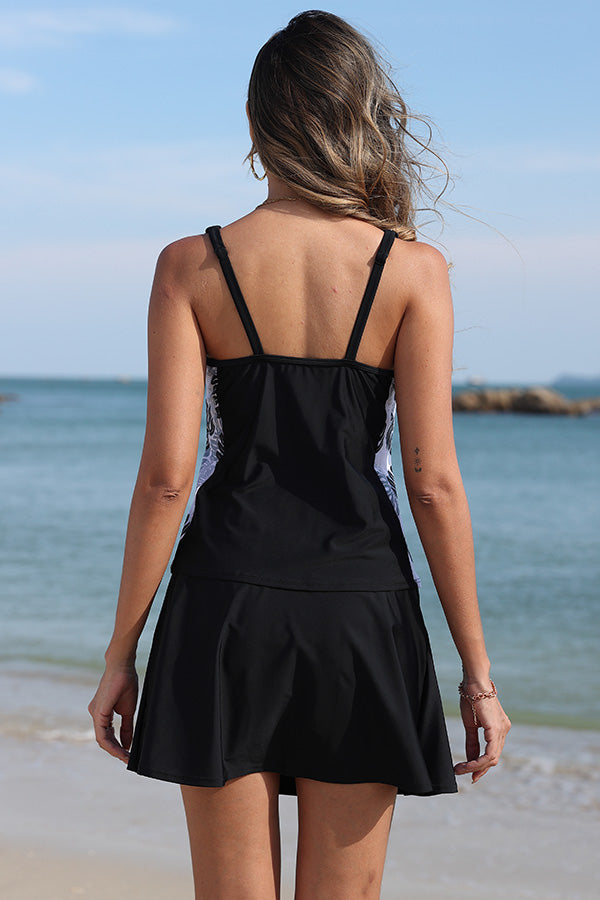 Cyan Tropical Plants Print Modest Swimdress with Swim Brief