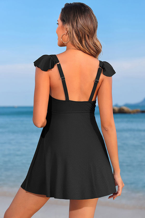 V Neck Ruffle Ribbed Cut Out Pregnancy Swimdress