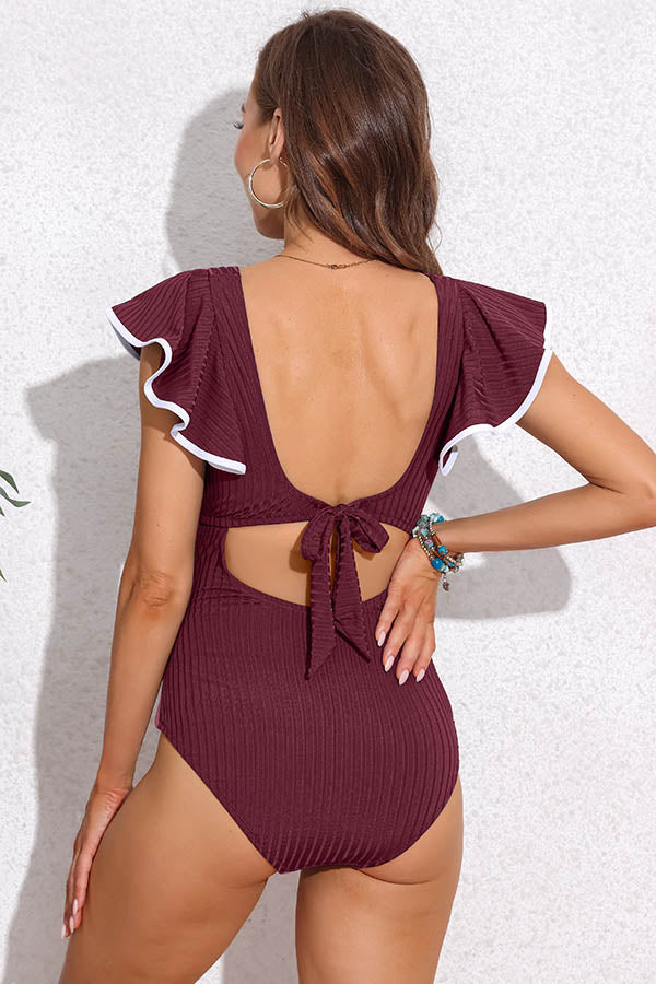 V Neck Ribbed Ruffled Cut Out Tie Back Backless Pregnancy One Piece Swimwear