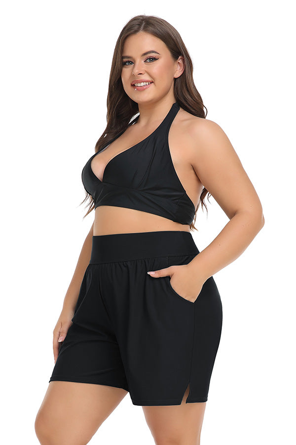 Charmo Plus Size High Waist Black Swim Shorts