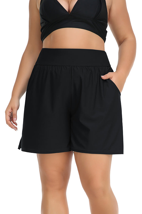 Charmo Plus Size High Waist Black Swim Shorts