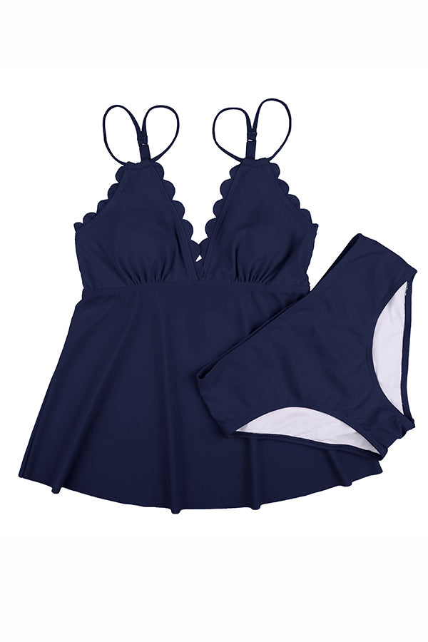 V Neck Scalloped Swimdress with Swim Brief