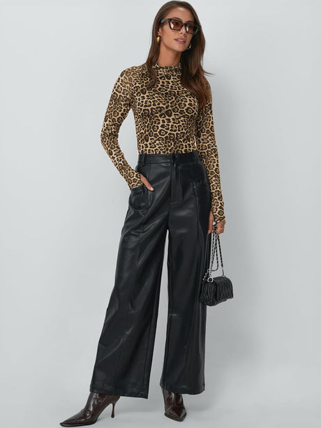 Charmo Women's Leopard Print Elegant Long Sleeve Frill Trim Mock Neck Blouse Tops