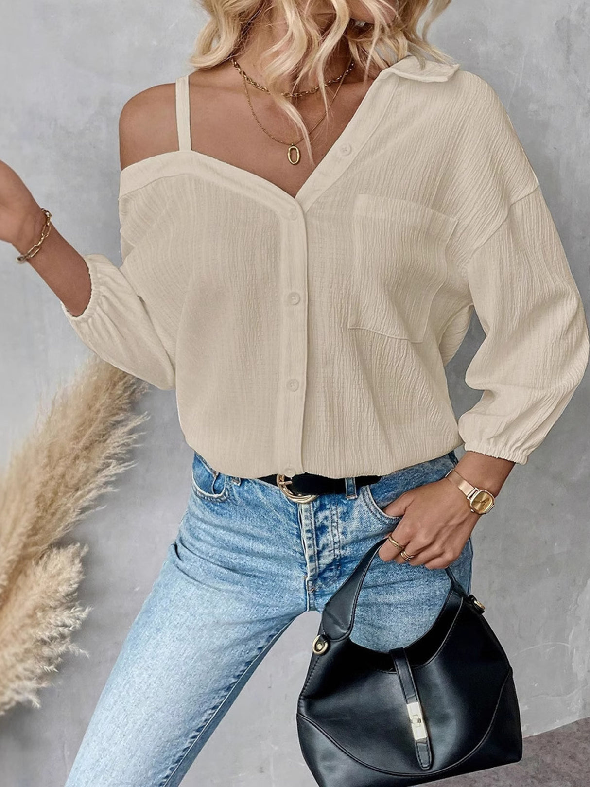 Charmo Women's One Shoulder Button Down Blouse Long Sleeve Asymmetrical Shirt Tops Textured Collared Blouse Dressy Casual Tops